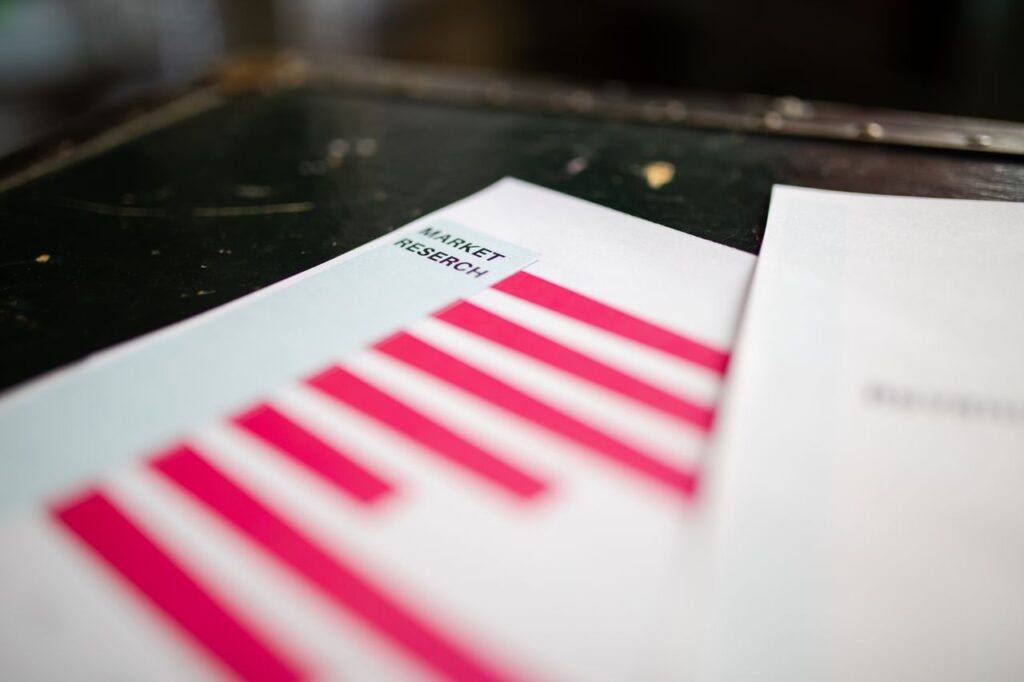 A detailed close-up of a market research document featuring a bar graph and a focus on market trends.